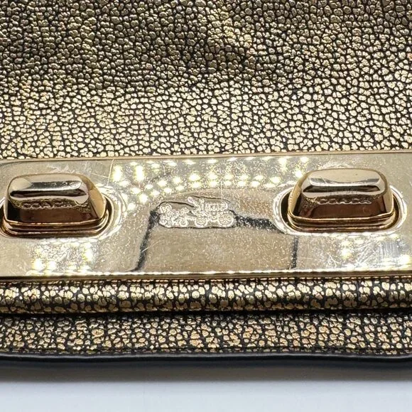 Coach Metallic Gold Pebble Leather Swagger Clutch Crossbody Chain Strap Turnlock - Picture 15 of 16